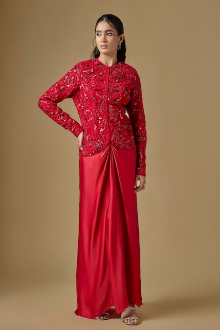 Asaga Torrin Abstract Embroidered Jacket With Draped Skirt