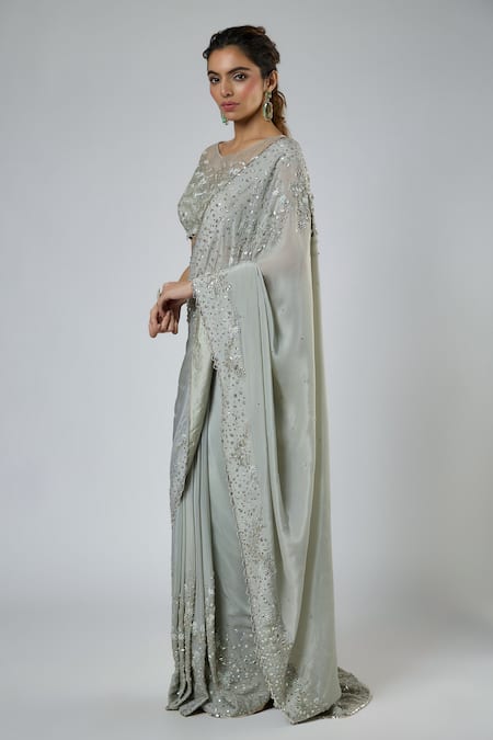 Shop Masumi Mewawalla Green Crepe, Tulle Embroidery, Sequins, Aari Pre-draped Saree And Blouse Set Online at Aza Fashions Shop_Masumi Mewawalla_Green Crepe, Tulle Embroidery, Sequins, Aari Pre-draped Saree And Blouse Set _Online_at_Aza_Fashions