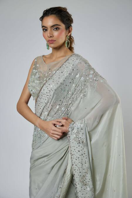 Buy Masumi Mewawalla Green Crepe, Tulle Embroidery, Sequins, Aari Pre-draped Saree And Blouse Set Buy_Masumi Mewawalla_Green Crepe, Tulle Embroidery, Sequins, Aari Pre-draped Saree And Blouse Set