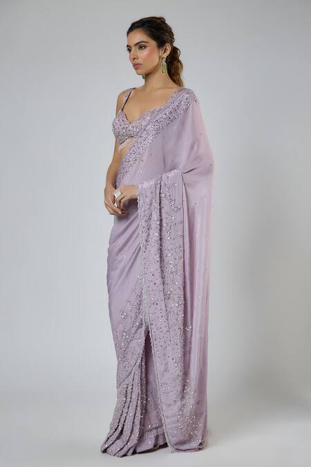 Masumi Mewawalla Lilac Crepe, Tussar, Silk Embroidery, Aari Pre-draped Saree And Blouse Set at Aza Fashions Masumi Mewawalla_Lilac Crepe, Tussar, Silk Embroidery, Aari Pre-draped Saree And Blouse Set _at_Aza_Fashions