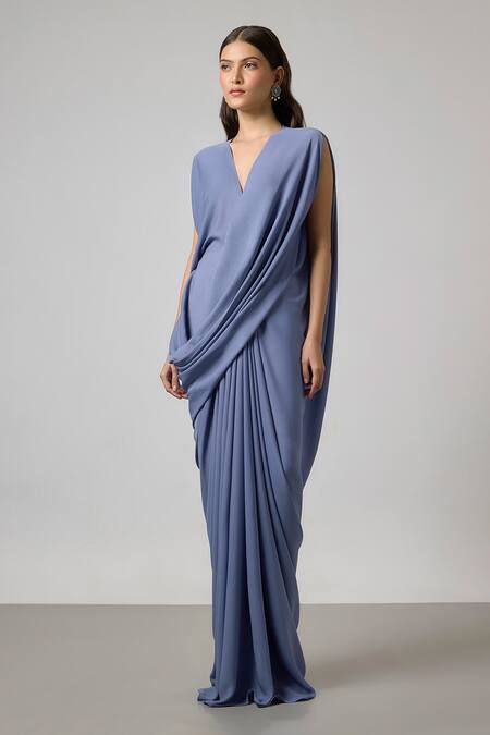 Buy NA-KA Blue Georgette V-neck Double Pleated And Cowl Gown. Online at Aza Fashions Buy_NA-KA_Blue Georgette V-neck Double Pleated And Cowl Gown. _Online_at_Aza_Fashions