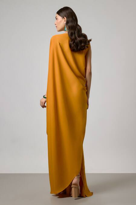 Shop NA-KA Yellow Georgette Round Neck Pleated Cowl Gown at Aza Fashions Shop_NA-KA_Yellow Georgette Round Neck Pleated Cowl Gown _at_Aza_Fashions