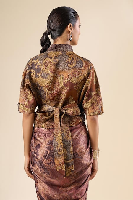 Tarun Tahiliani Printed Front Knot Collared Top