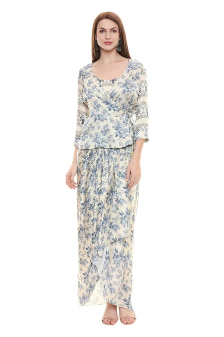 Soup By Sougat Paul White Satin U Neck Draped Skirt Set