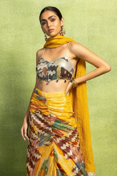 Vedika M_Yellow Tissue Sequins, Mirrors, Abstract Print Pleated Skirt And Dupatta Set _Online_at_Aza_Fashions