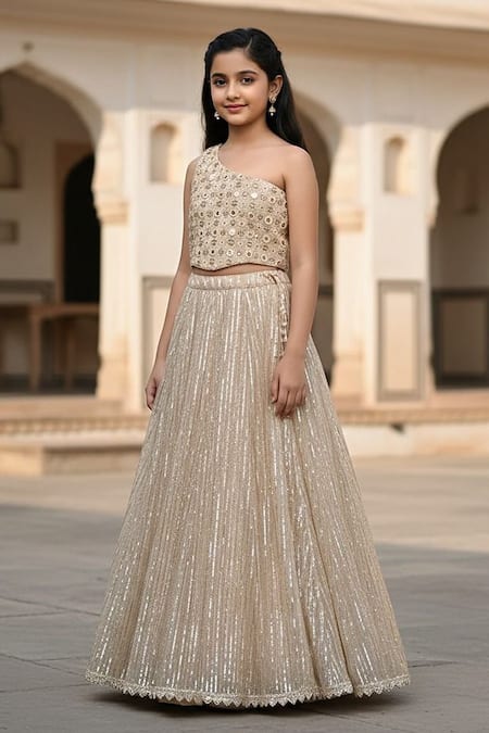 Minime Organics Gold Organza, Georgette, Net Gota Patti, One-shoulder Choli And Lehenga Set Online at Aza Fashions Minime Organics_Gold Organza, Georgette, Net Gota Patti, One-shoulder Choli And Lehenga Set _Online_at_Aza_Fashions