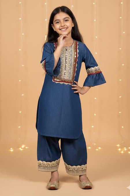 Minime Organics Denim Embroidered Kurta & Salwar Set 
