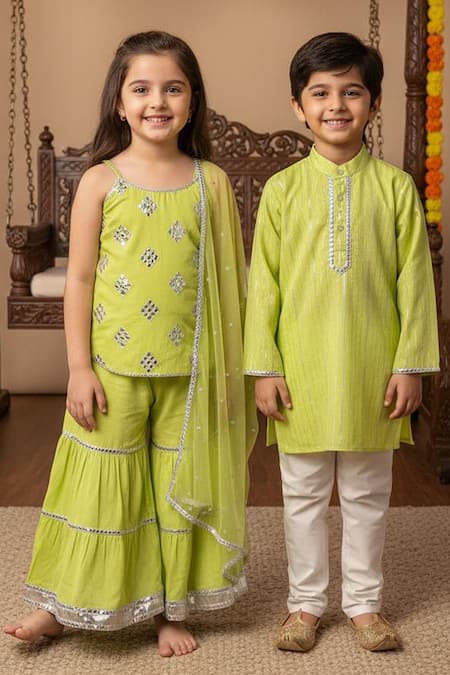 Minime Organics_Green Cotton, Lurex Lace Faux Mirror Kurta And Pyjama Set _Online_at_Aza_Fashions