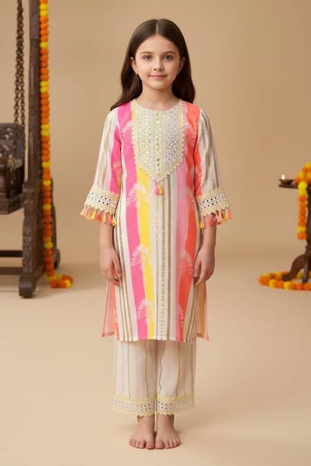 Minime Organics Striped Mirror Work Kurta & Salwar Set 
