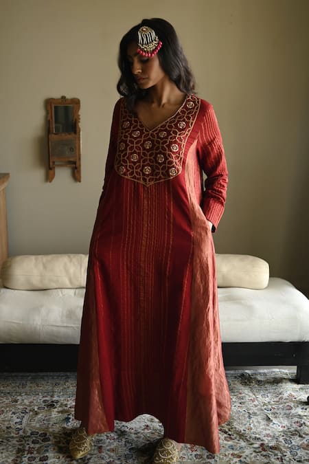 Shorshe Clothing_Red Tussar, Handloom Cotton, Tissue Embroidery Tannu Sitara Yoke Hand Kurta _at_Aza_Fashions