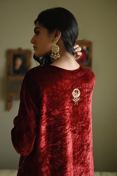 Shorshe Clothing_Red Velvet, Crepe Embroidery, Lace V-neck Rumi Zardozi Kurta And Churidar Set _Online_at_Aza_Fashions