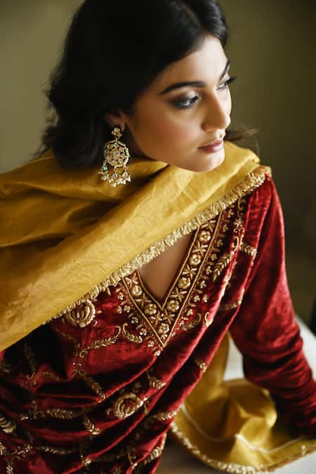 Buy_Shorshe Clothing_Red Velvet, Crepe Embroidery, Lace V-neck Rumi Zardozi Kurta And Churidar Set _Online_at_Aza_Fashions