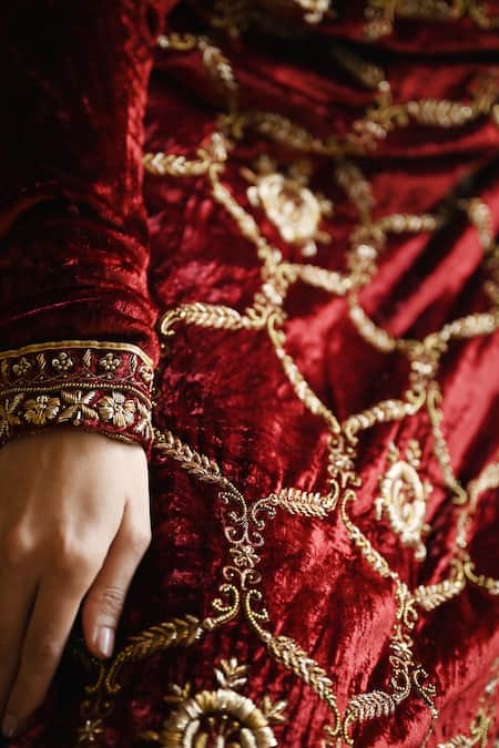 Shorshe Clothing_Red Velvet, Crepe Embroidery, Lace V-neck Rumi Zardozi Kurta And Churidar Set _at_Aza_Fashions