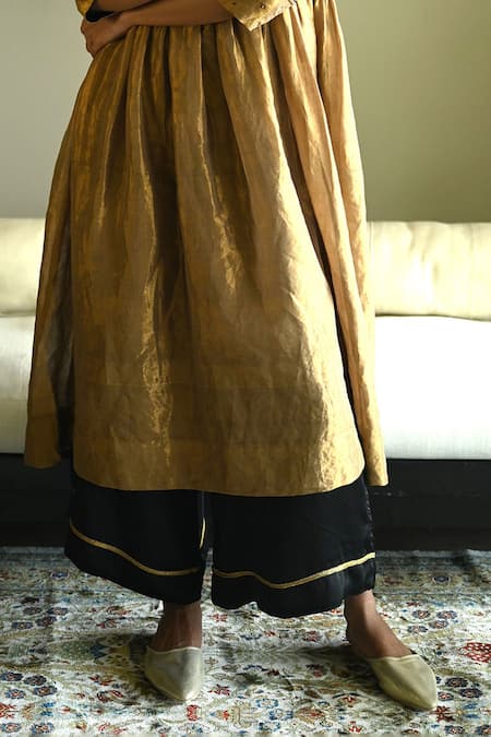 Shorshe Clothing Gold Tissue, Silk Embroidery, Sequins, Piping Round Anna Kurta With Flared Pant Online at Aza Fashions Shorshe Clothing_Gold Tissue, Silk Embroidery, Sequins, Piping Round Anna Kurta With Flared Pant _Online_at_Aza_Fashions