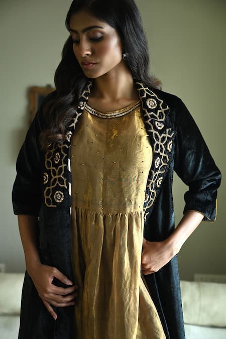 Buy_Shorshe Clothing_Gold Tissue, Silk Embroidery, Sequins, Piping Round Anna Kurta With Flared Pant _Online_at_Aza_Fashions