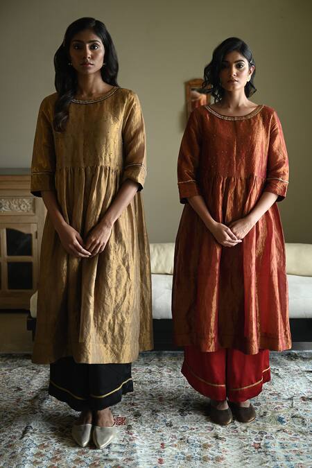 Shorshe Clothing_Gold Tissue, Silk Embroidery, Sequins, Piping Round Anna Kurta With Flared Pant _at_Aza_Fashions