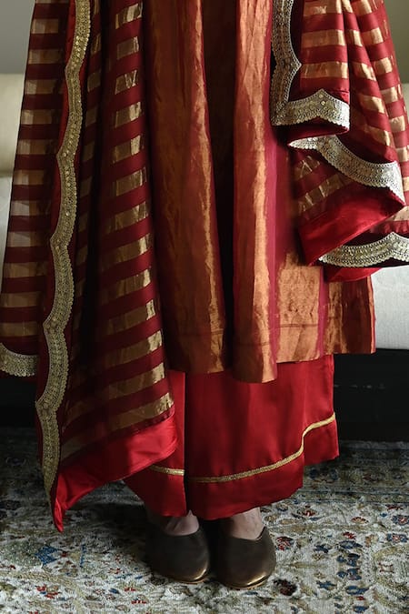 Shorshe Clothing_Red Tissue, Silk Beads, Embroidery Round Neck Anna Kurta And Flared Pant Set _Online_at_Aza_Fashions