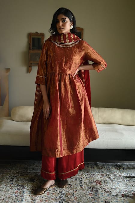 Buy_Shorshe Clothing_Red Tissue, Silk Beads, Embroidery Round Neck Anna Kurta And Flared Pant Set _Online_at_Aza_Fashions