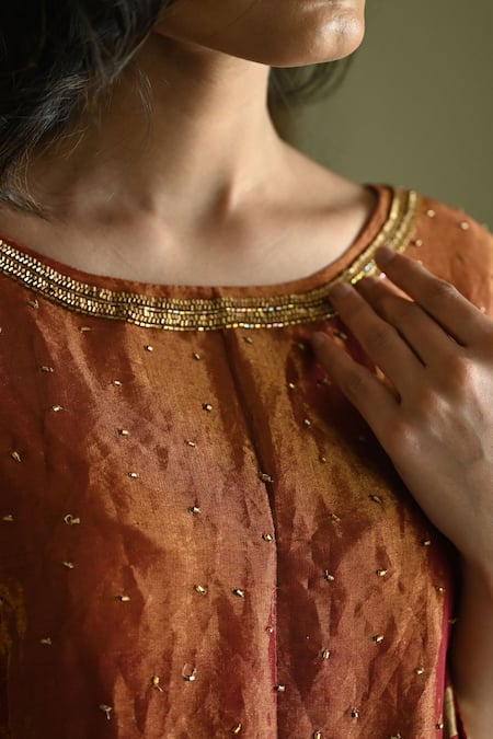 Shop_Shorshe Clothing_Red Tissue, Silk Beads, Embroidery Round Neck Anna Kurta And Flared Pant Set _Online_at_Aza_Fashions