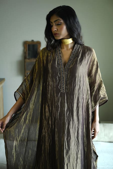 Shorshe Clothing_Black Chanderi Silk, Tissue Embroidery, Lace V-neck Tyohaar Kaftan _Online_at_Aza_Fashions