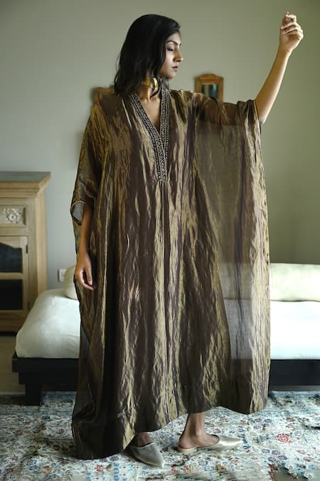 Buy_Shorshe Clothing_Black Chanderi Silk, Tissue Embroidery, Lace V-neck Tyohaar Kaftan _Online_at_Aza_Fashions