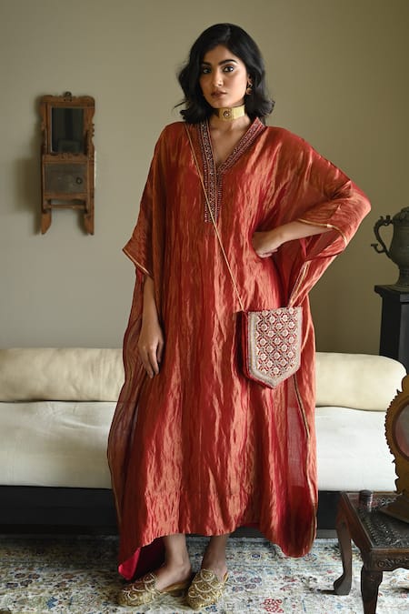 Shorshe Clothing_Red Chanderi Silk, Tissue Embroidery, Lace V-neck Tyohaar Pin Stripe Kaftan _Online_at_Aza_Fashions