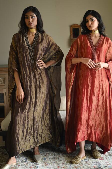 Buy_Shorshe Clothing_Red Chanderi Silk, Tissue Embroidery, Lace V-neck Tyohaar Pin Stripe Kaftan _Online_at_Aza_Fashions