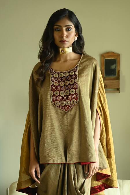Shorshe Clothing_Gold Tussar, Brocade Cowl Draped Skirt _Online_at_Aza_Fashions