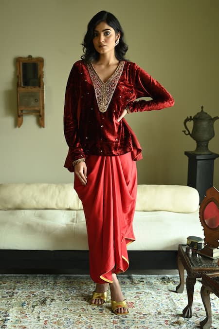 Shorshe Clothing_Red Velvet Embroidery, Lace V-neck Churi Shabana Top _Online_at_Aza_Fashions