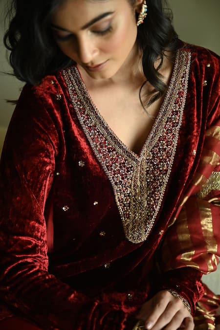 Shop_Shorshe Clothing_Red Velvet Embroidery, Lace V-neck Churi Shabana Top _Online_at_Aza_Fashions