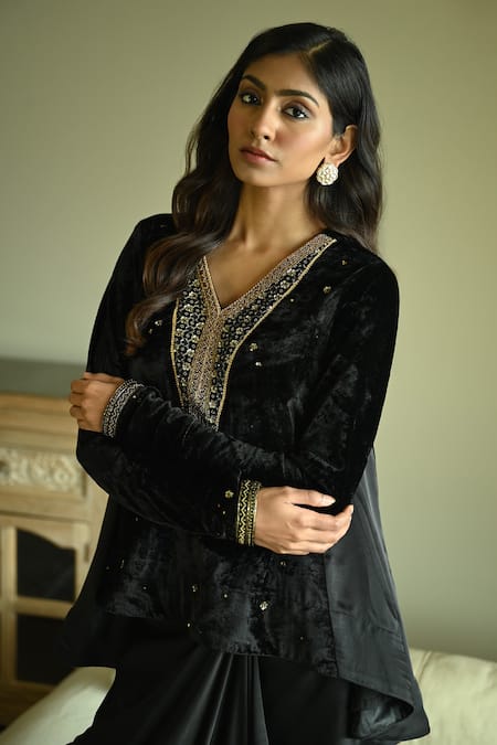 Shorshe Clothing_Black Silk Embroidery, Lace Cowl Draped Skirt _Online_at_Aza_Fashions