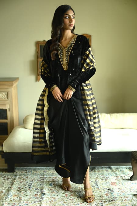 Shop_Shorshe Clothing_Black Silk Embroidery, Lace Cowl Draped Skirt _Online_at_Aza_Fashions