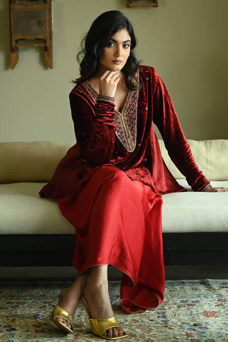 Shorshe Clothing_Red Silk Cowl Draped Skirt _Online_at_Aza_Fashions