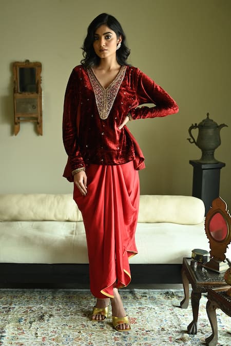 Buy_Shorshe Clothing_Red Silk Cowl Draped Skirt _Online_at_Aza_Fashions