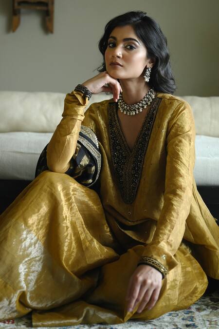 Buy_Shorshe Clothing_Gold Tissue Embroidery, Lace V-neck Churi Shabana Top And Gharara Set _Online_at_Aza_Fashions