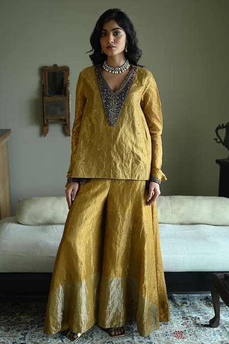 Shop_Shorshe Clothing_Gold Tissue Embroidery, Lace V-neck Churi Shabana Top And Gharara Set _Online_at_Aza_Fashions