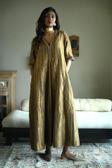 Shorshe Clothing_Gold Tissue Embroidery, Lace V-neck Sashiko Stripes Tunic _Online_at_Aza_Fashions