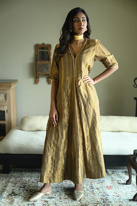 Buy_Shorshe Clothing_Gold Tissue Embroidery, Lace V-neck Sashiko Stripes Tunic _Online_at_Aza_Fashions