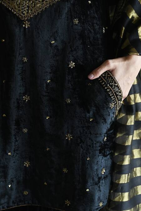 Shop_Shorshe Clothing_Black Velvet Embroidery, Sequins, Lace, Zari Sunehera Hand Kurta And Sharara Set _Online_at_Aza_Fashions