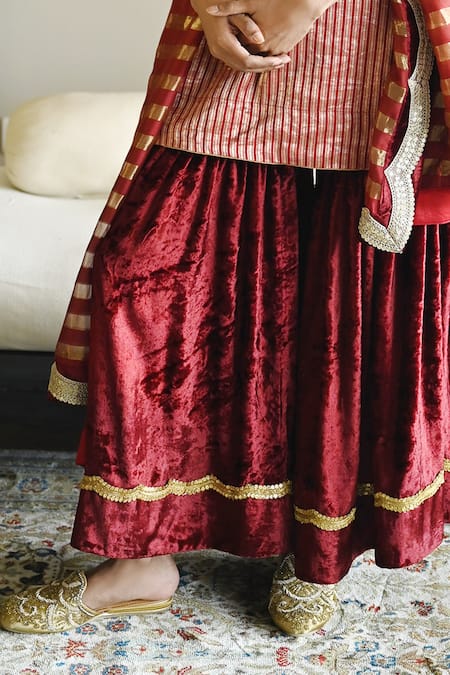 Shop_Shorshe Clothing_Red Brocade, Velvet Embroidery, Lace Round Neck Irum Woven Kurta And Sharara Set _Online_at_Aza_Fashions