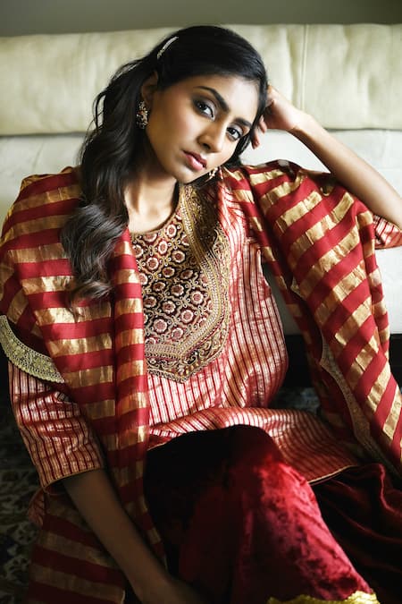 Shorshe Clothing_Red Brocade, Velvet Embroidery, Lace Round Neck Irum Woven Kurta And Sharara Set _at_Aza_Fashions