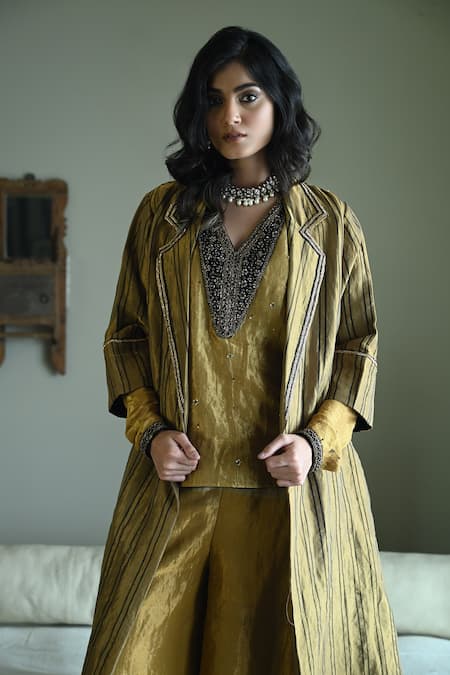 Shorshe Clothing_Gold Tissue Beads, Metallic Thread V-neck Sally Stripes Jacket _Online_at_Aza_Fashions