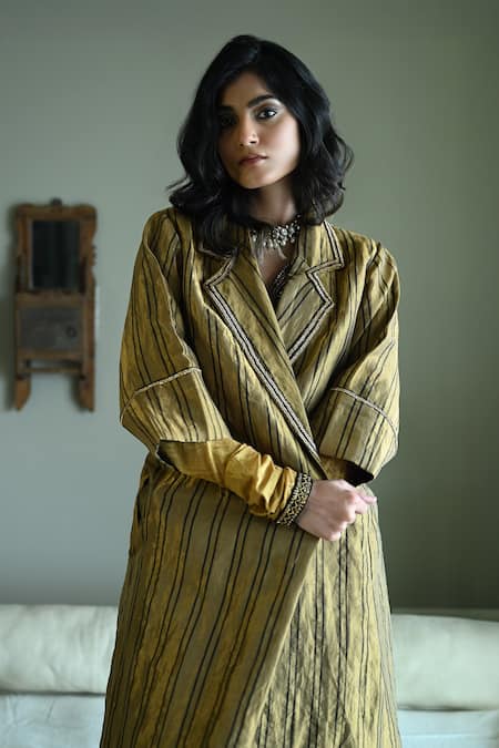 Shop_Shorshe Clothing_Gold Tissue Beads, Metallic Thread V-neck Sally Stripes Jacket _Online_at_Aza_Fashions