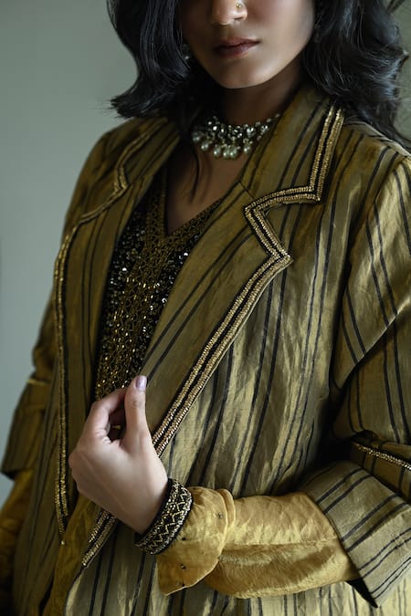 Shorshe Clothing_Gold Tissue Beads, Metallic Thread V-neck Sally Stripes Jacket _at_Aza_Fashions