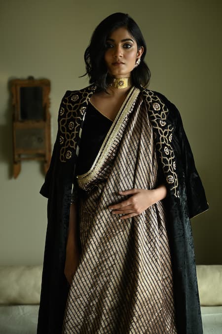 Shop_Shorshe Clothing_Black Velvet Embroidery, Lace V-neck Sally Hand Jacket _Online_at_Aza_Fashions