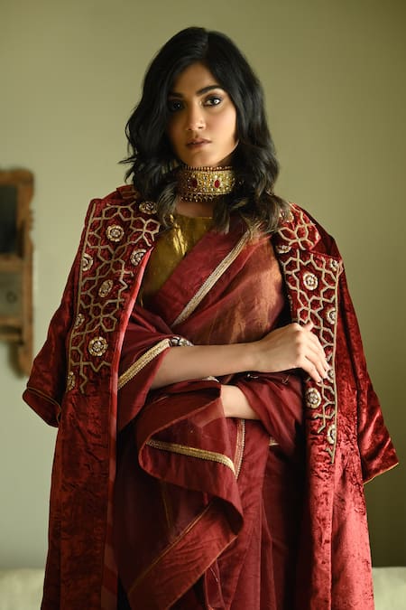 Shorshe Clothing_Red Velvet Embroidery, Lace Collared Sally Hand Jacket _Online_at_Aza_Fashions