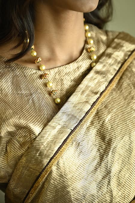 Shorshe Clothing_Gold Brocade, Tissue Lace Rumi Saree _Online_at_Aza_Fashions