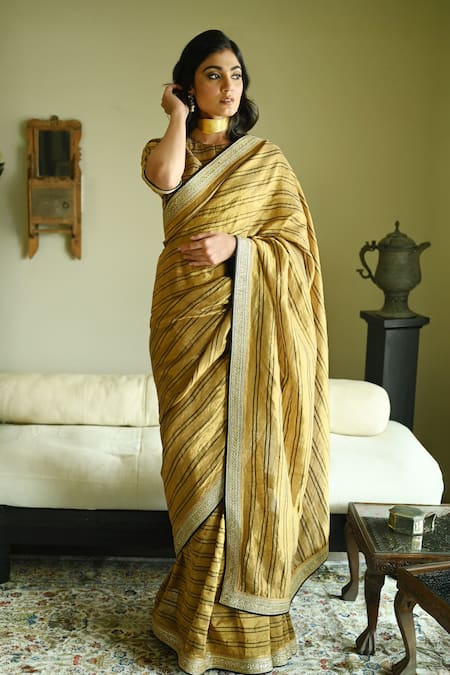 Buy_Shorshe Clothing_Gold Tissue Lace Lakeer Stripe Woven Saree _Online_at_Aza_Fashions