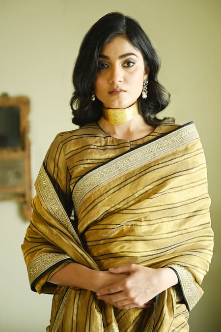 Shop_Shorshe Clothing_Gold Tissue Lace Lakeer Stripe Woven Saree _Online_at_Aza_Fashions