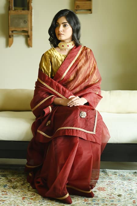 Buy_Shorshe Clothing_Red Organza Embroidery, Patchwork, Lace Rubina Cross Butta Saree _Online_at_Aza_Fashions